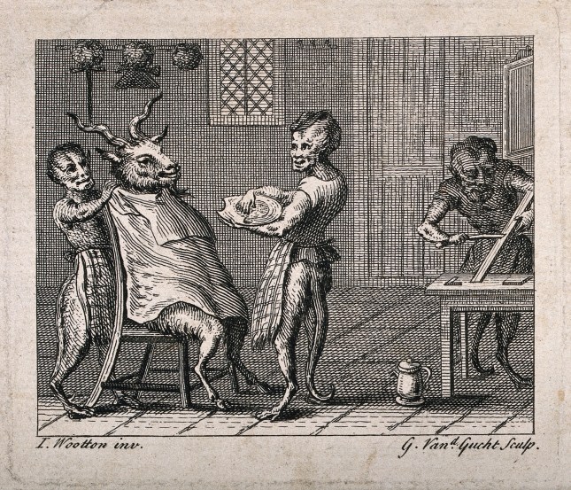 V0019695 Half-human, half-monkey barbers shaving a goat. Engraving by Credit: Wellcome Library, London. Wellcome Images images@wellcome.ac.uk http://wellcomeimages.org Half-human, half-monkey barbers shaving a goat. Engraving by G. van der Gucht after J. Wootton. By: John Woottonafter: Gerard van der GuchtPublished:  -  Copyrighted work available under Creative Commons Attribution only licence CC BY 4.0 http://creativecommons.org/licenses/by/4.0/