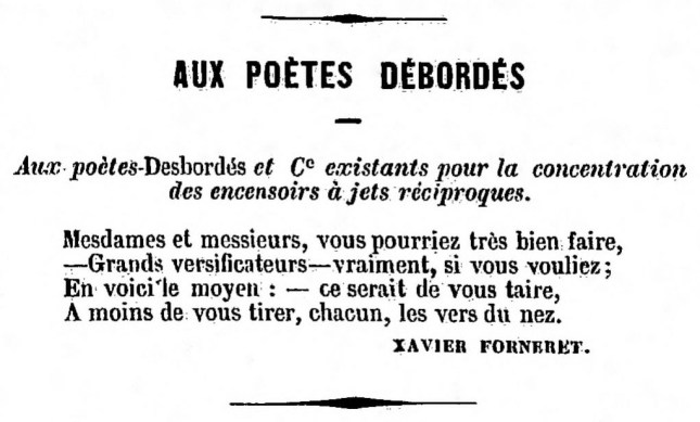 AUX POETES DEBORDES FORNERET QUATRAIN TINTAMARRE