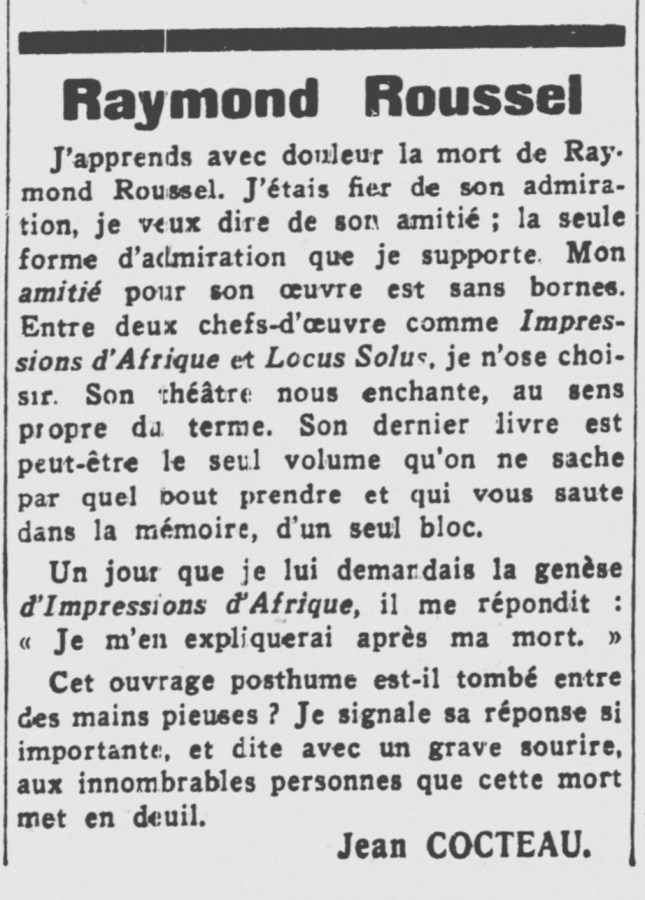 COCTEAU MORT ROUSSEL