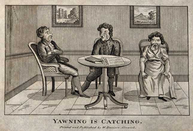 Three people sitting yawning around a table